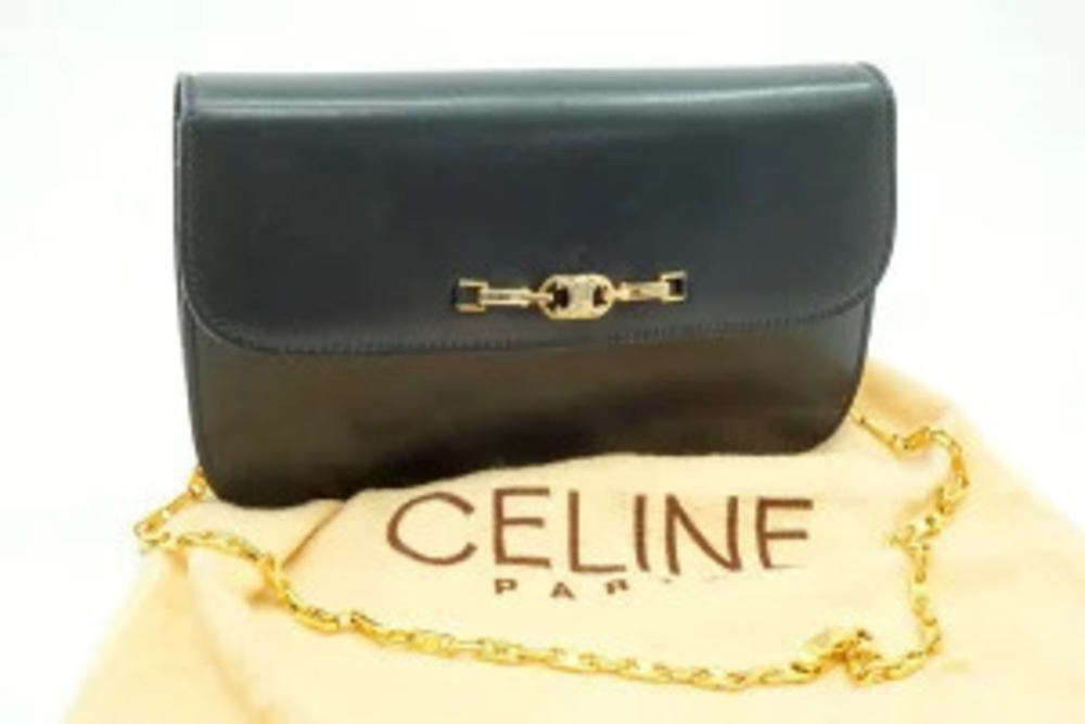 Celine Chain Shoulder Bag Clutch Triomphe Leather Navy Blue